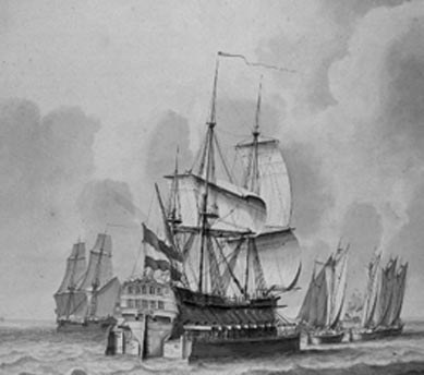 Oorlogsschip in een drijfkameel